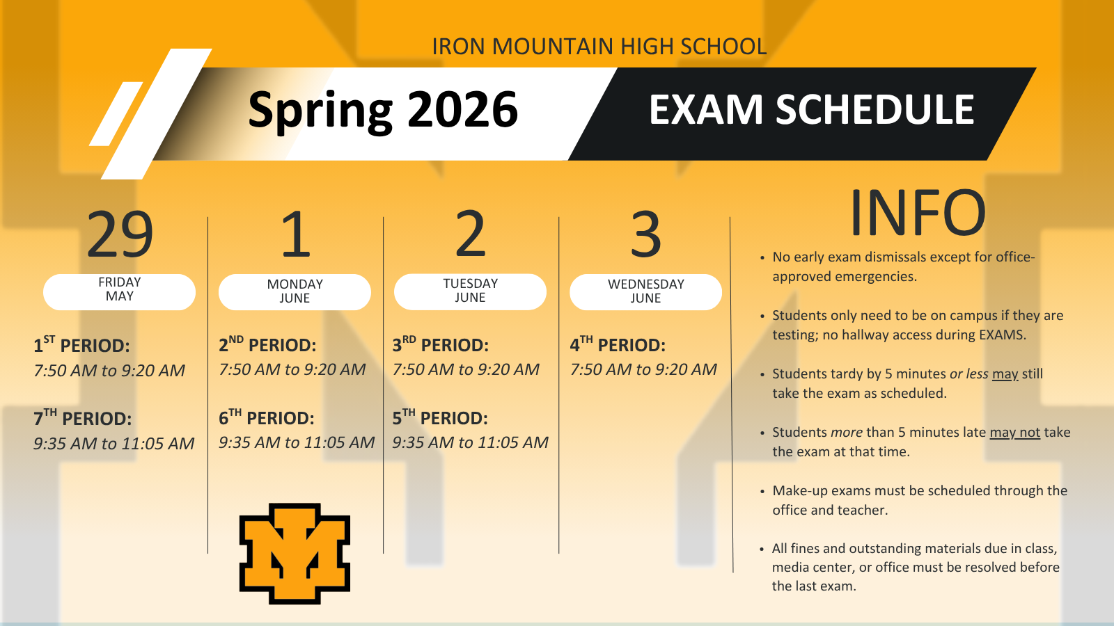 Graphic titled "Iron Mountain High School Spring 2026 Exam Schedule." It lists a four-day testing period from May 29 to June 3. Exams for 1st and 7th periods are on Friday, May 29; 2nd and 6th periods on Monday, June 1; 3rd and 5th periods on Tuesday, June 2; and 4th period on Wednesday, June 3. All morning exam sessions run from 7:50 AM to 9:20 AM, and afternoon sessions run from 9:35 AM to 11:05 AM. An information sidebar notes that no early dismissals are allowed, students only need to be on campus while testing, and there is a strict 5-minute lateness rule.